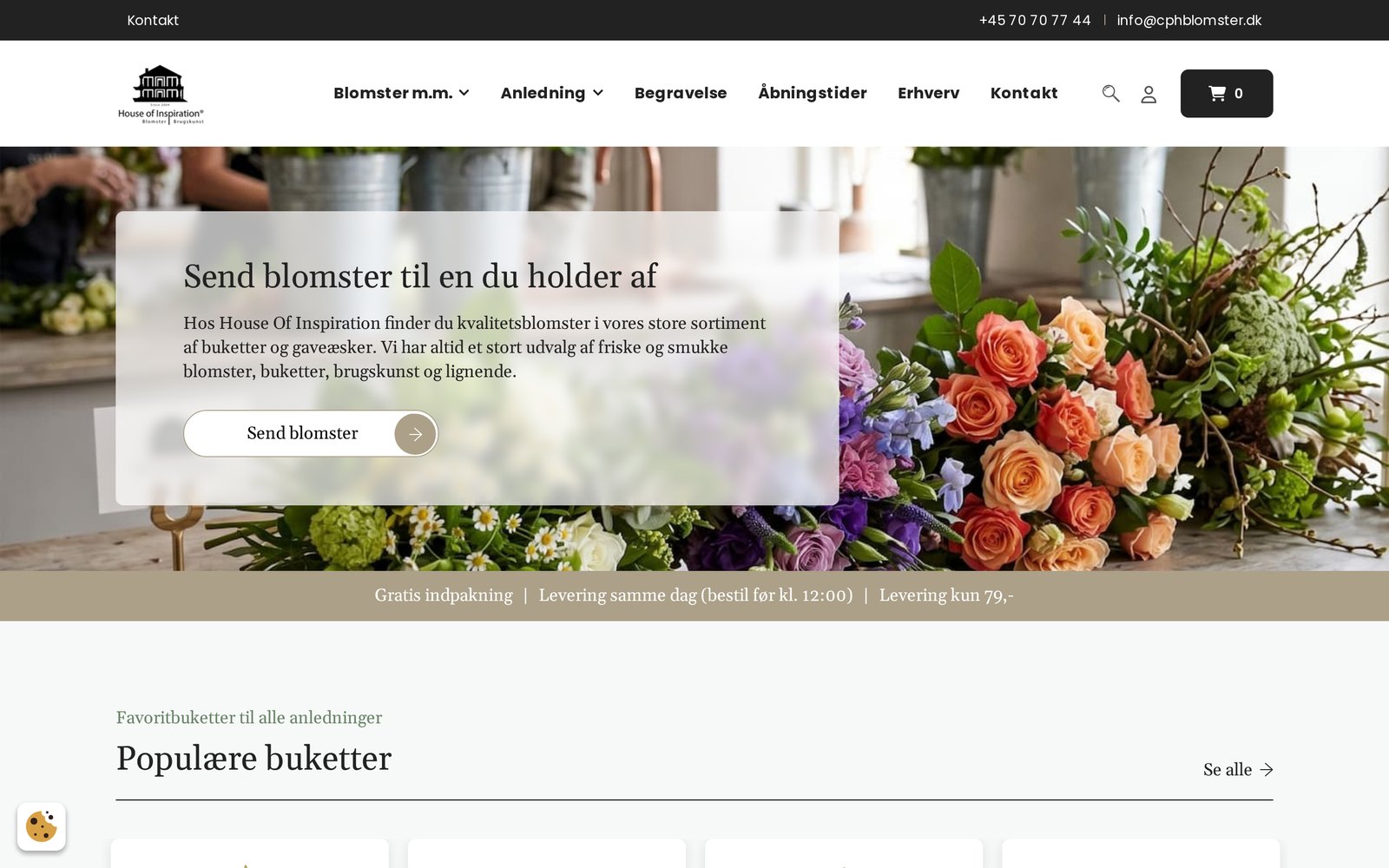 CPHBlomster online shop showing the product navigation for flowers, occasions and funerals, a send-flowers call to action, and a bar stating free wrapping, same-day delivery when ordered before noon and a fixed delivery fee