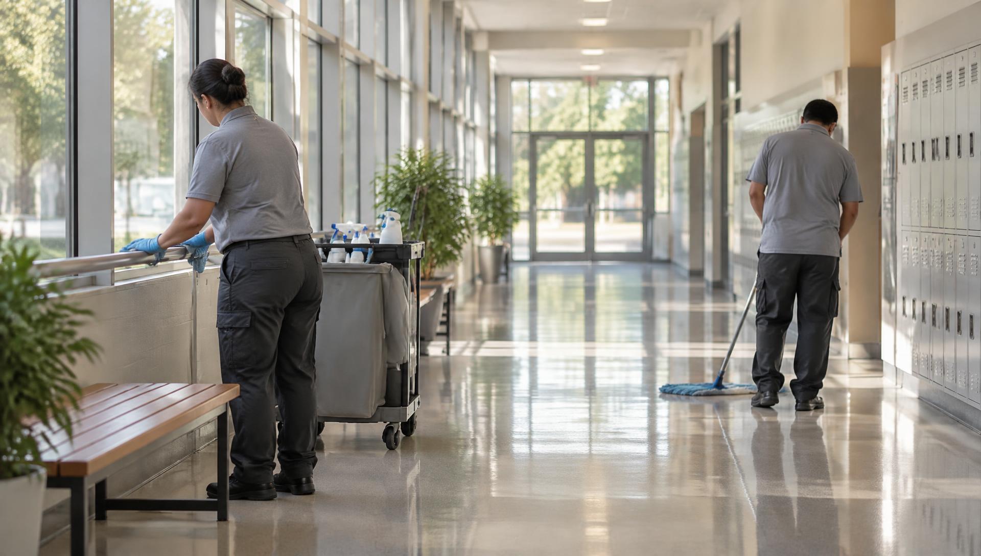 Atmospheric image of professional commercial cleaners working in a bright institutional interior, illustrating the cleaning industry context