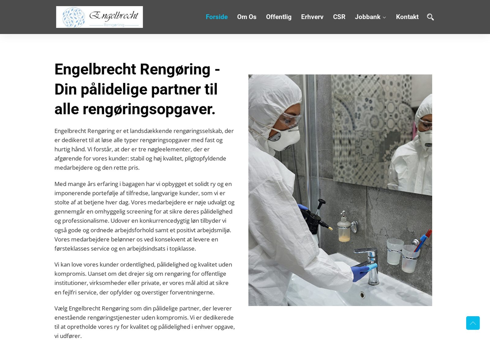 Engelbrecht Rengøring's existing website, showing its headline, a description of the company as a reliable nationwide cleaning partner and a photograph of a cleaner at work